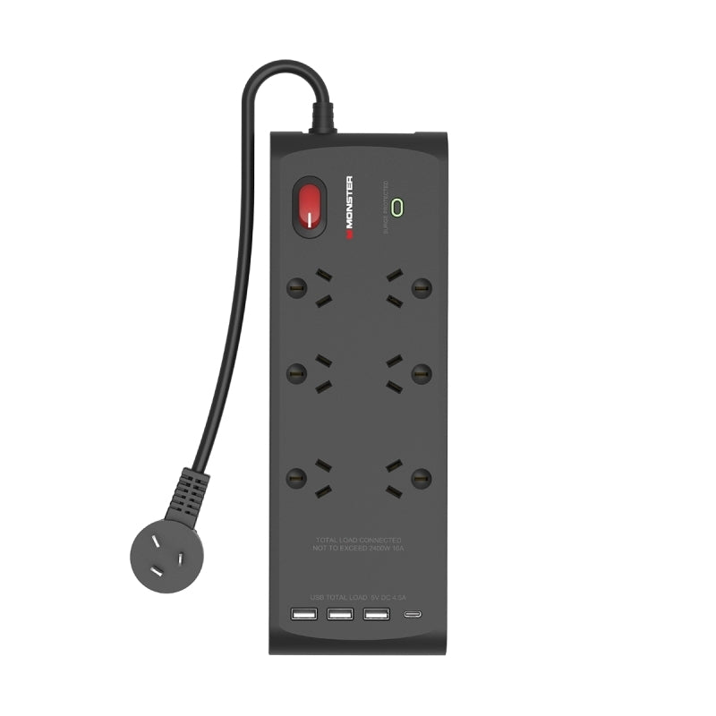 Monster 6-Port Surge+USB Black Computers Monster, Cables Product image.